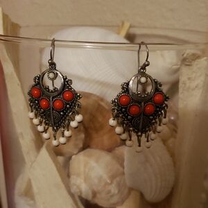 Elegant Red and White Chandelier Earrings